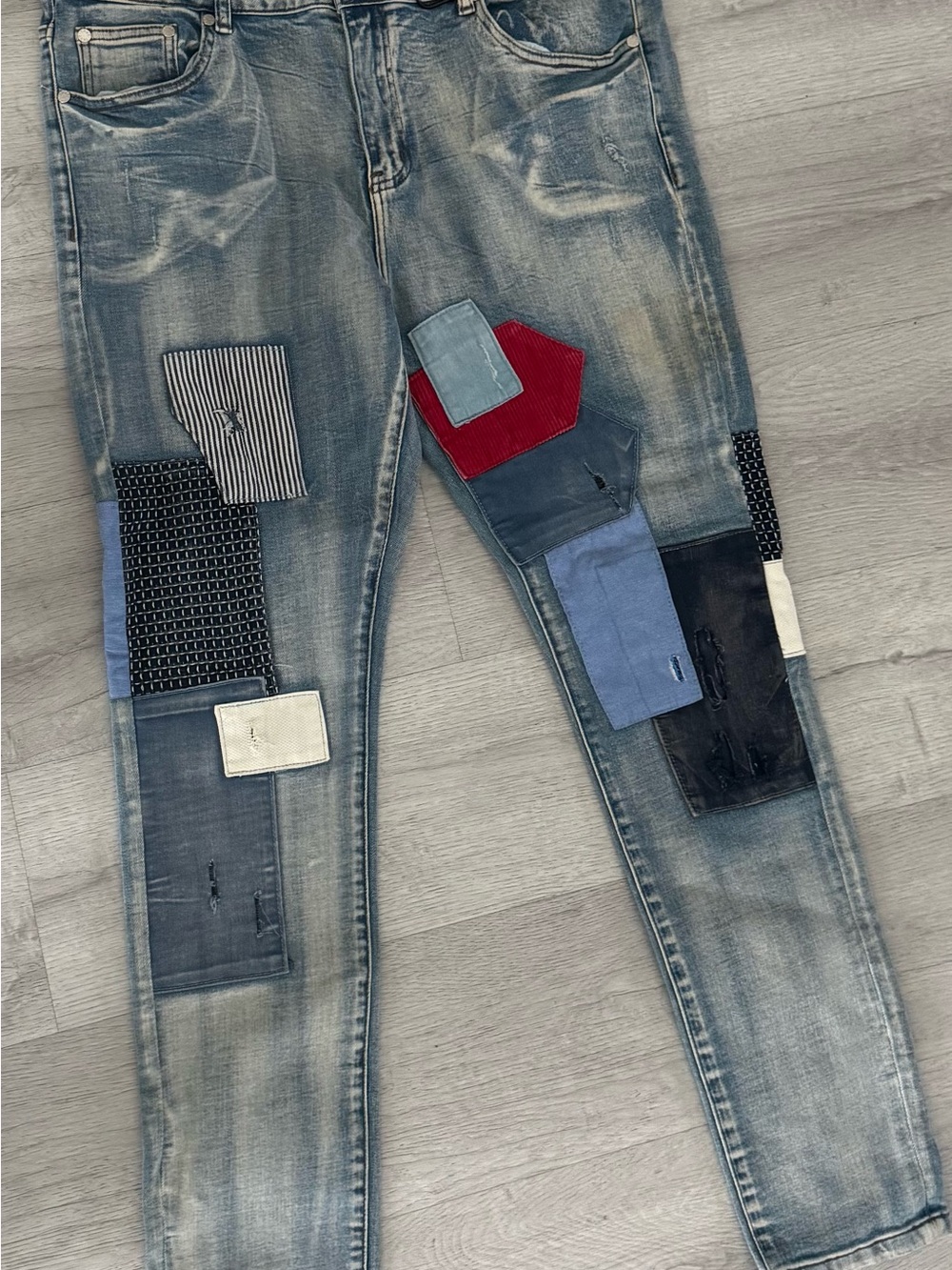 Men's Patchwork Blue Denim Jeans - Light Blue